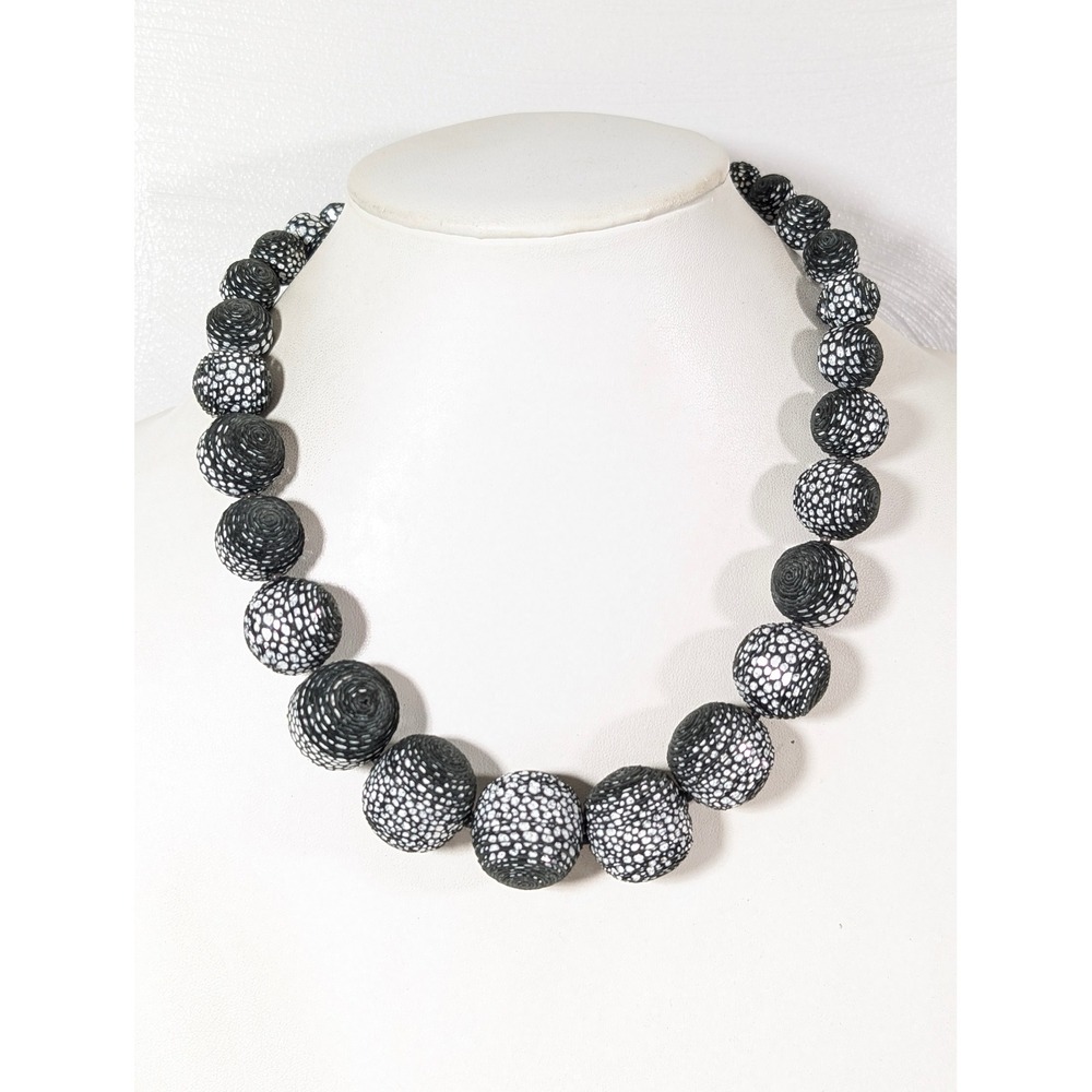 Black Silver Cord Wrapped Graduated Bead Statement Necklace Industrial 21 Inch